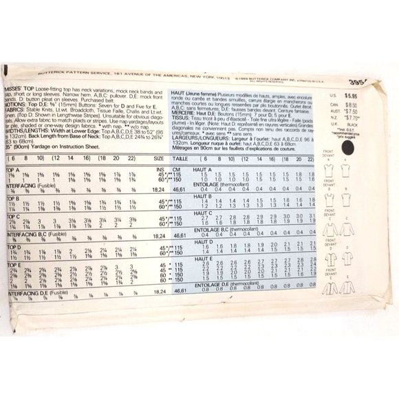 Butterick Classic #3954 Fast & Easy Pattern Blouse ©1989 Uncut Sizes 18-20-22 - Picture 2 of 3